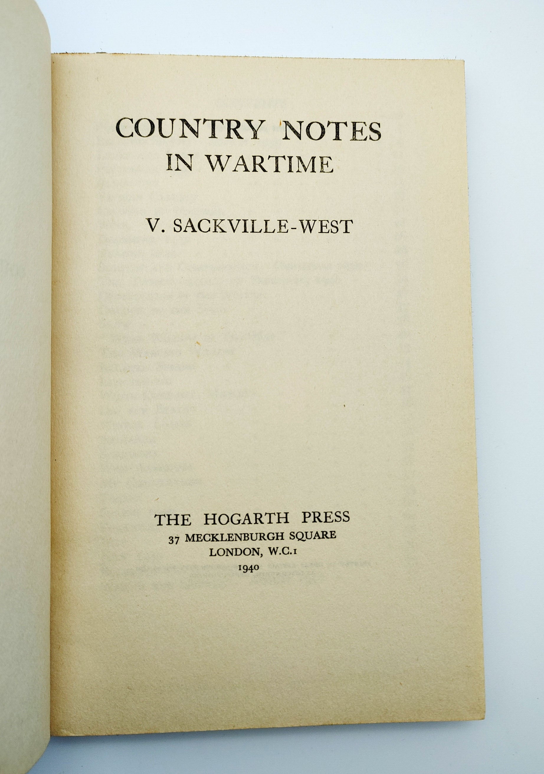 TItle page of first edition of Sackville-West's Country Notes in Wartime (1940)