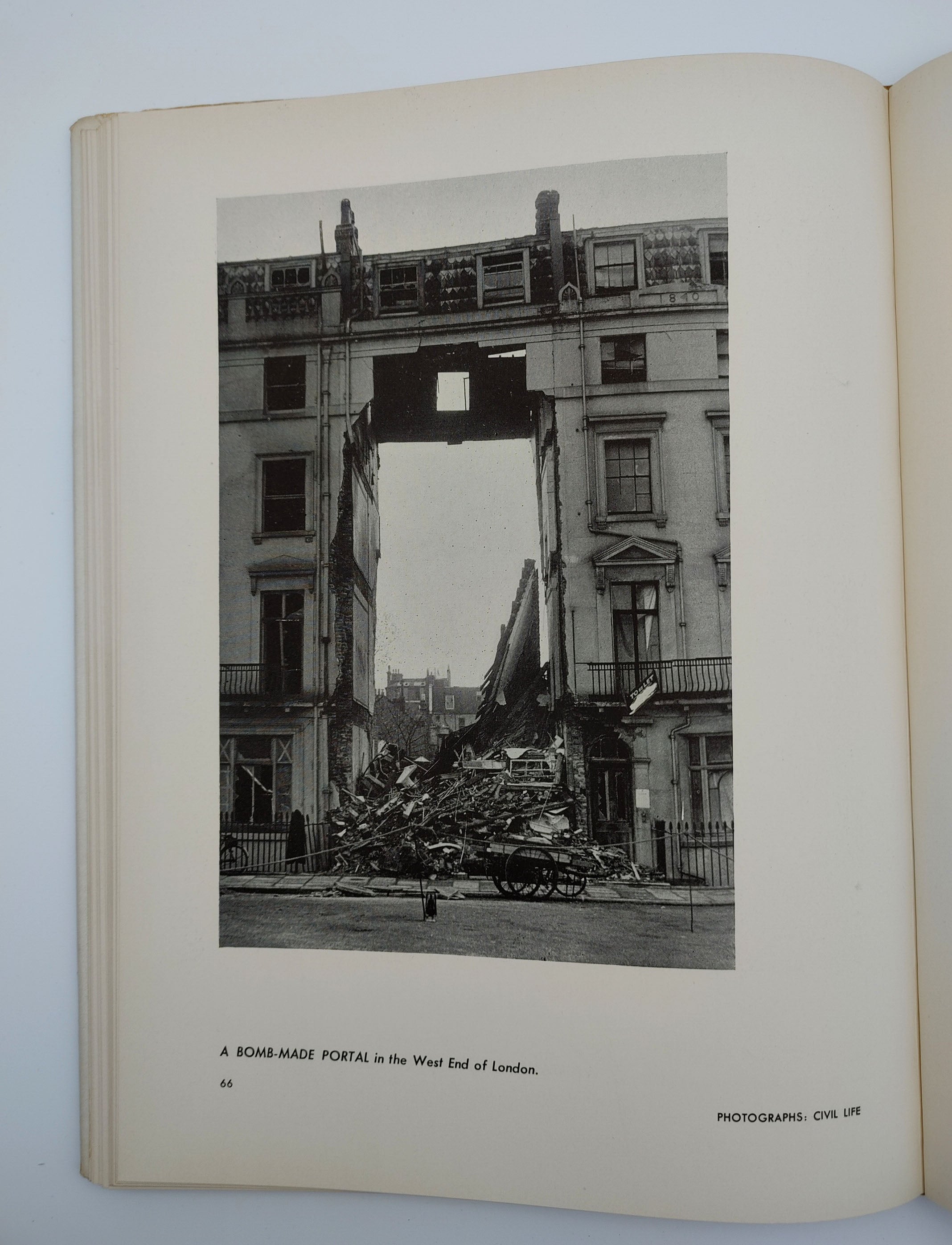 A picture of WWII bomb damage in the West End of London from the first edition of the Museum of Modern Art's Britain at War (1941)