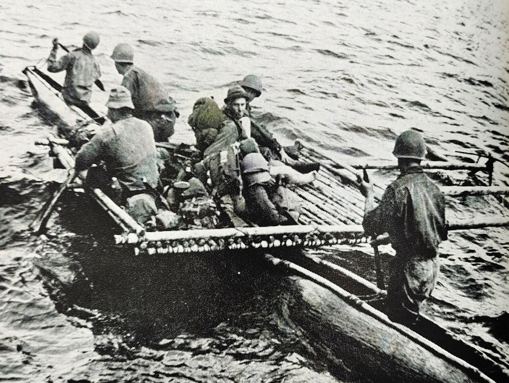 Image of people on a raft/boat from the first edition of Robinson's The Fight for New Guinea (1943)