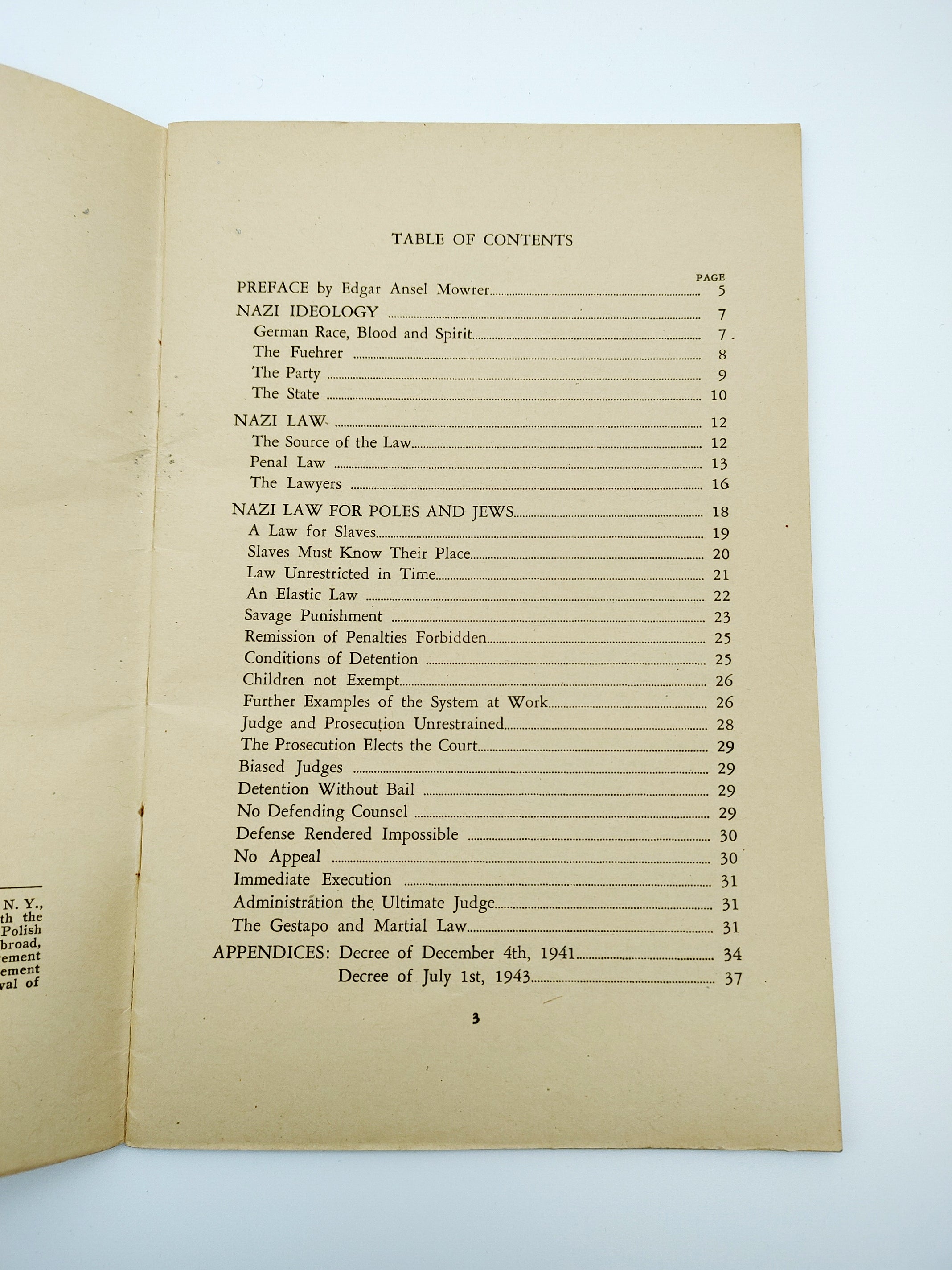Table of contents from the first edition of Nazi Justice (1944)