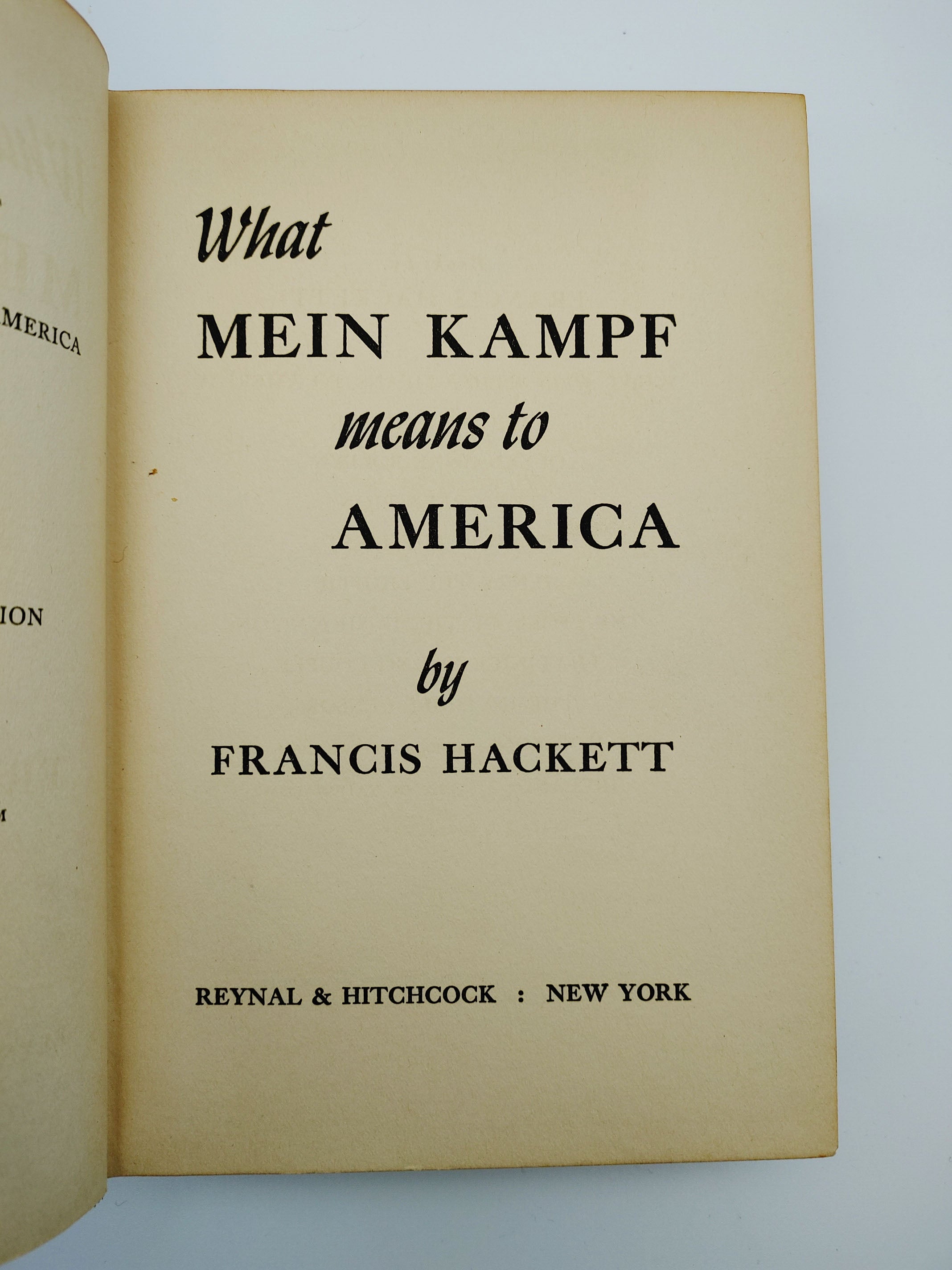 Title page of the first edition of Hackett's What Mein Kampf Means to America (1941)