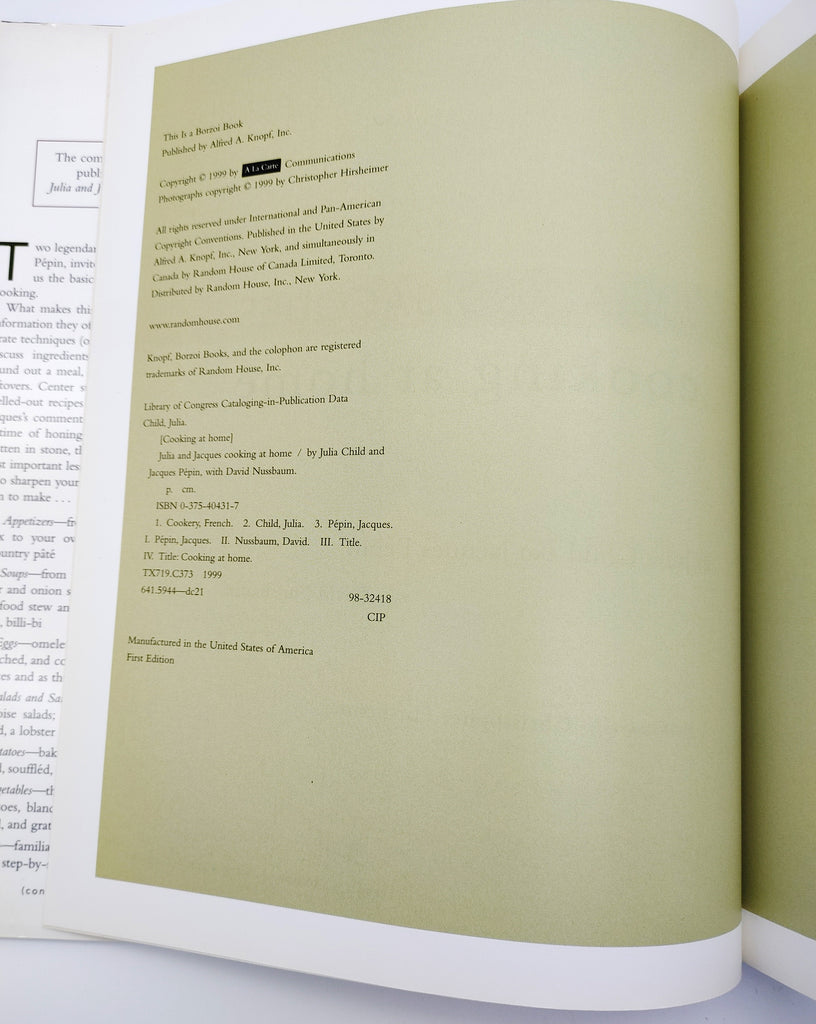 Copyright page of the first edition of Julia Child's and Jacques Pepin's Cooking at Home (1999)