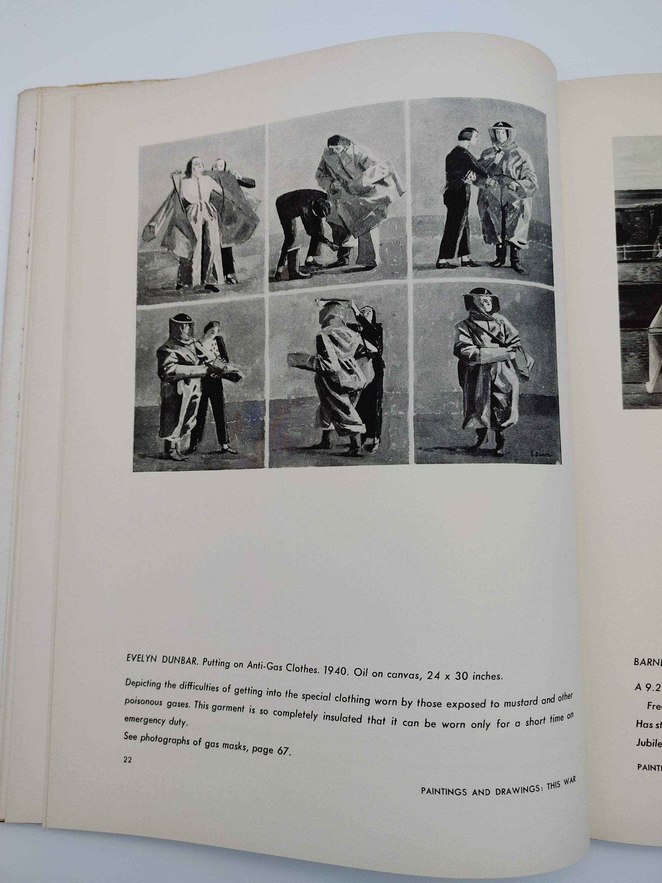 Evelyn Dunbar's illustrations of a woman putting on anti-gas clothing from the first edition of the Museum of Modern Art's Britain at War (1941)