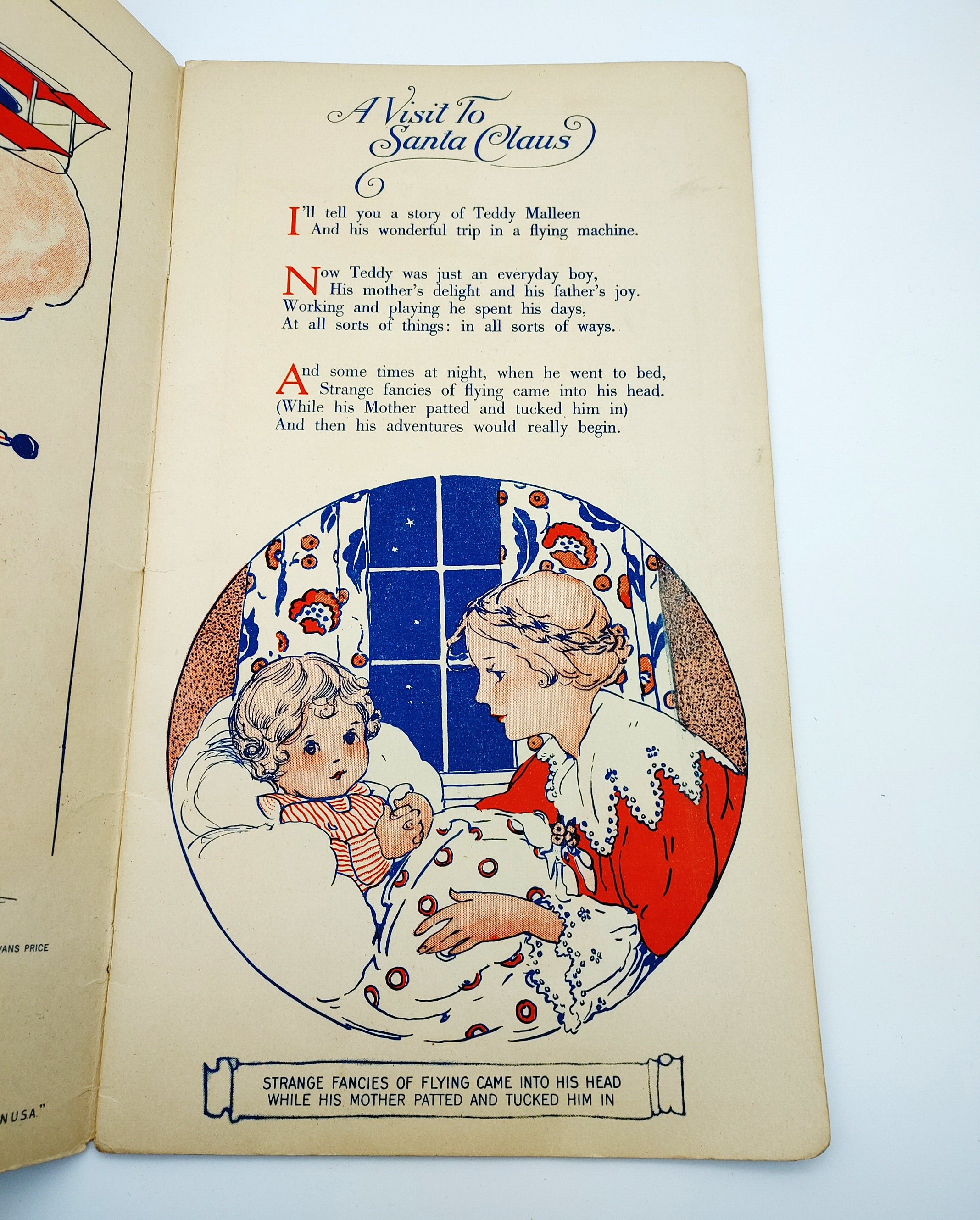 First page from Margaret Evans Price's A Visit to Santa Claus, with an illustration of Teddy Malleen being tucked in by his mother