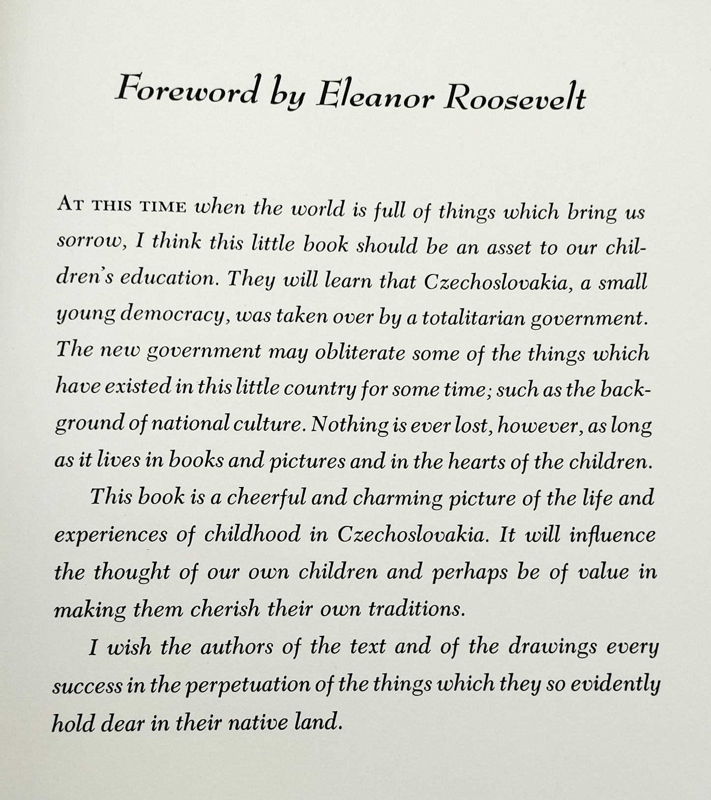 Eleanor Roosevelt's foreword from First edition of Bartusek's Happy Times in Czechoslovakia (1940)